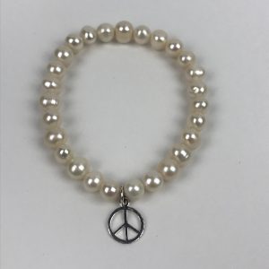 Embrace Peace Symbol Sterling Silver Freshwater Pearl Charm Bracelet