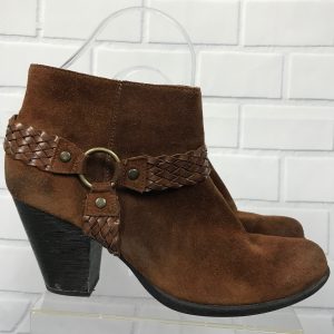 BOC Born Concept Brown Suede Heeled Ankle Boot Braided Harness Strap 9.5 M