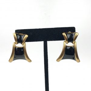 Anne Klein Gold Tone Black Enamel Pierced Post Dangle Doorknocker Earring 1.27"