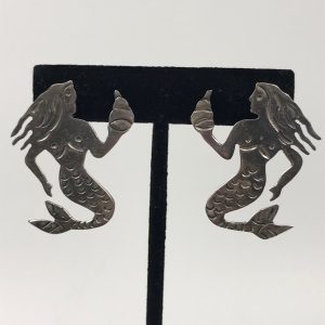 Big Taxco Mexico 925 Sterling Silver Fantasy Mermaid Signed TC-46 Post Drop Earrings