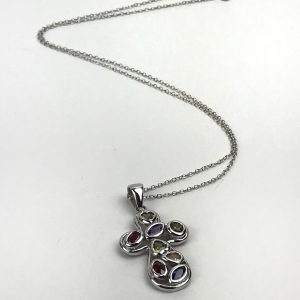 925 Sterling Silver Glass Heart Round Religious Cross Pendant 18 ¾” Necklace