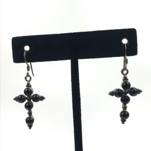 925 Sterling Silver Onyx Cross Religious Hook Dangle Earrings 1.38”
