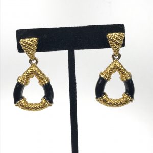 Anne Klein  Gold Tone Black Enamel Pierced Post Woven Doorknocker Dangle Earring 1.84”