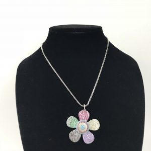 Artisan Rainbow Crystals & Rhinestone Flower Pendant Silver Tone Necklace 18"