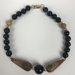Black Onyx? & Brown Bead Bracelet 14kt Gold Beads & Clasp 8"