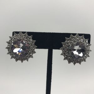 Clear Rhinestone Flower Circle Cluster Clip On Earrings Bling Statement
