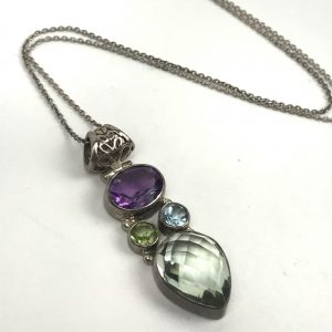 Sterling Silver Amethyst Facet Cut Teardrop Topaz & Quartz Necklace 17 7/8"
